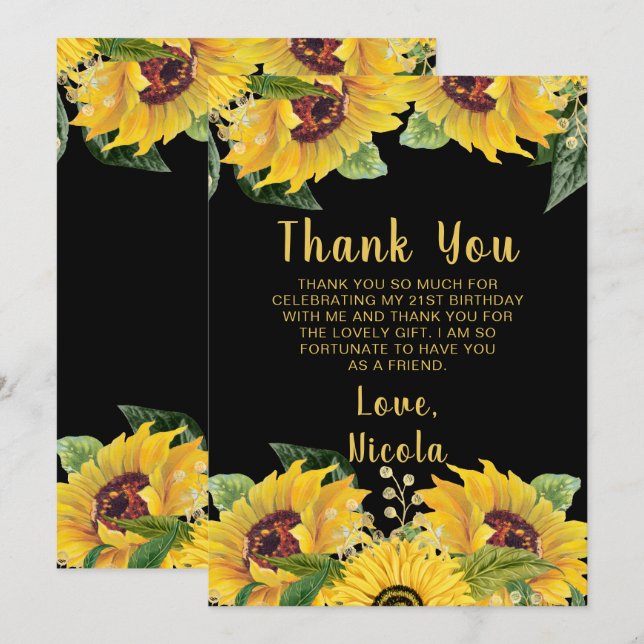 Cartão De Agradecimento Elegant Sunflowers and Foliage Birthday Party (Frente/Verso)