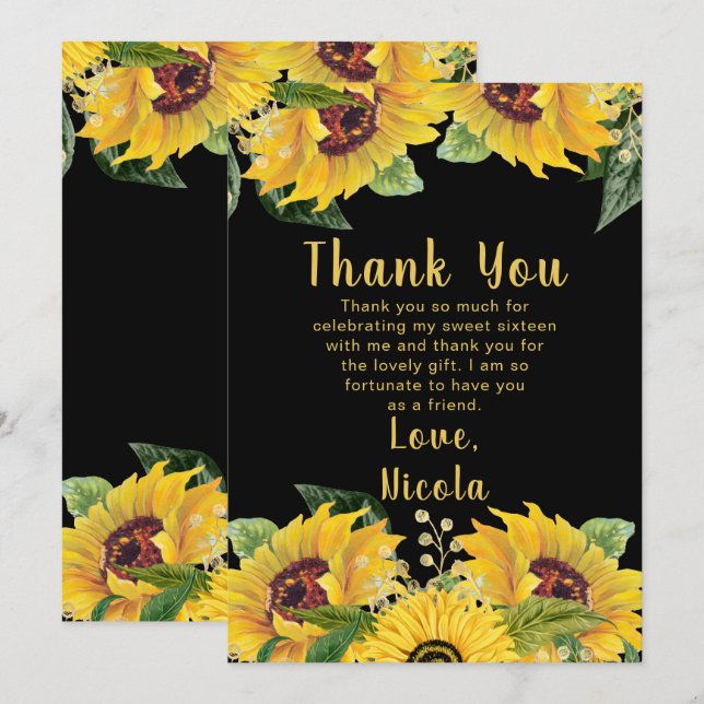 Cartão De Agradecimento Elegant Sunflowers and Foliage Sweet Sixteen (Frente/Verso)