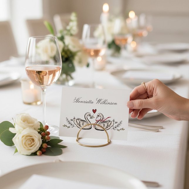 Cartão De Agradecimento Elegant Swan Love Red Heart Script Name Place card (Criador carregado)