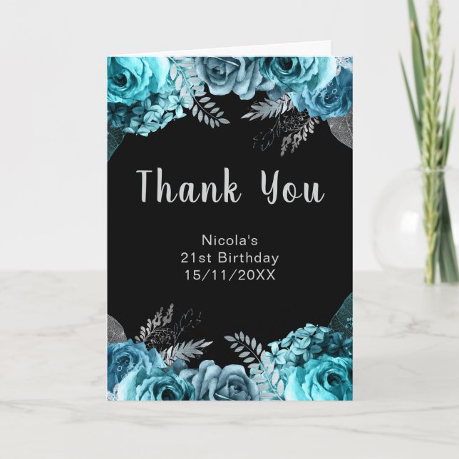 Cartão De Agradecimento Elegant Teal Blue and Silver Flower Birthday Party (Frente)