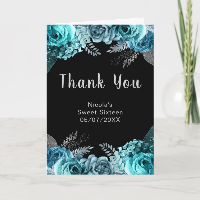 Cartão De Agradecimento Elegant Teal Blue and Silver Flowers Sweet Sixteen (Frente)