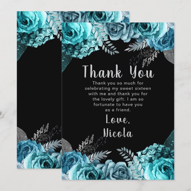 Cartão De Agradecimento Elegant Teal Blue and Silver Flowers Sweet Sixteen (Frente/Verso)