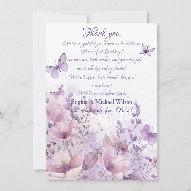 Cartão De Agradecimento Elegant Watercolor Butterfly First Birthday (Frente)