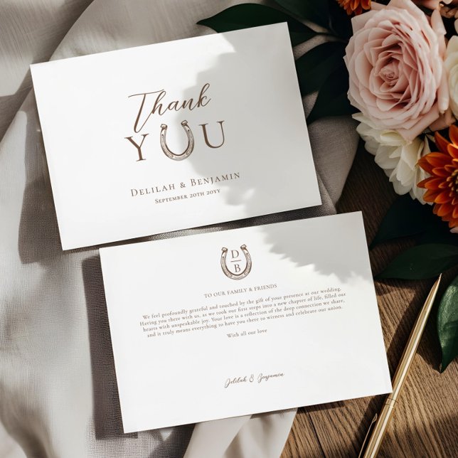 Cartão De Agradecimento Elegant Western Rustic Wedding Horseshoe Monogram  (Elegant Western Rustic Wedding Horseshoe Monogram Thank You Card)