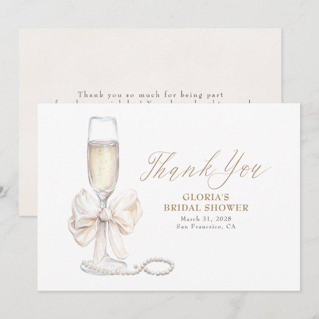 Cartão De Agradecimento Elegant White Bow Prosecco Bridal Shower Thank You (Frente/Verso)