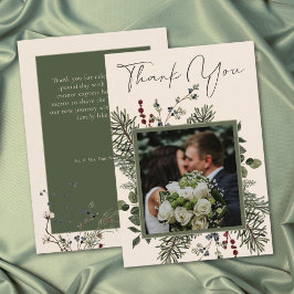 Cartão De Agradecimento Elegant Winter Berries & Pine Ivory Wedding