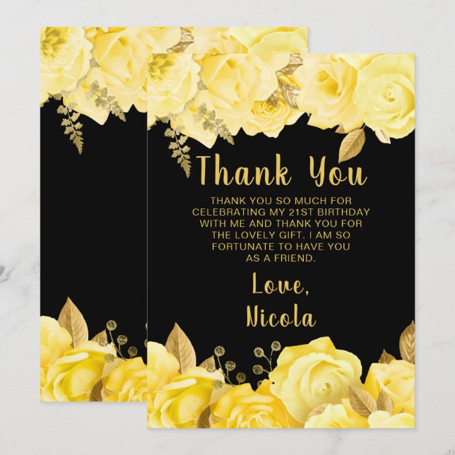 Cartão De Agradecimento Elegant Yellow and Gold Flowers Birthday Party (Frente/Verso)