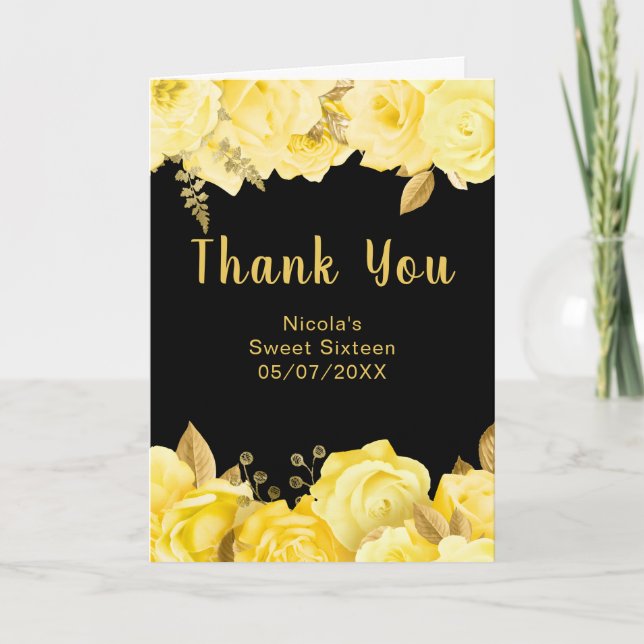 Cartão De Agradecimento Elegant Yellow and Gold Flowers Sweet Sixteen (Frente)