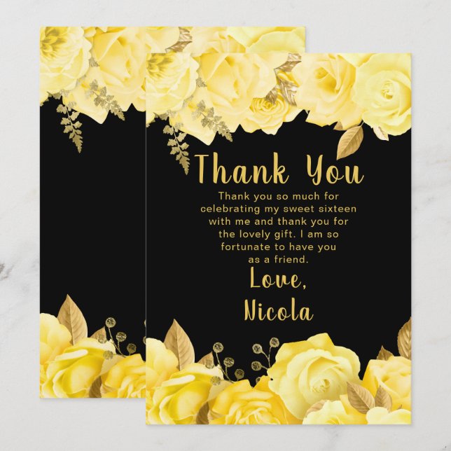 Cartão De Agradecimento Elegant Yellow and Gold Flowers Sweet Sixteen (Frente/Verso)