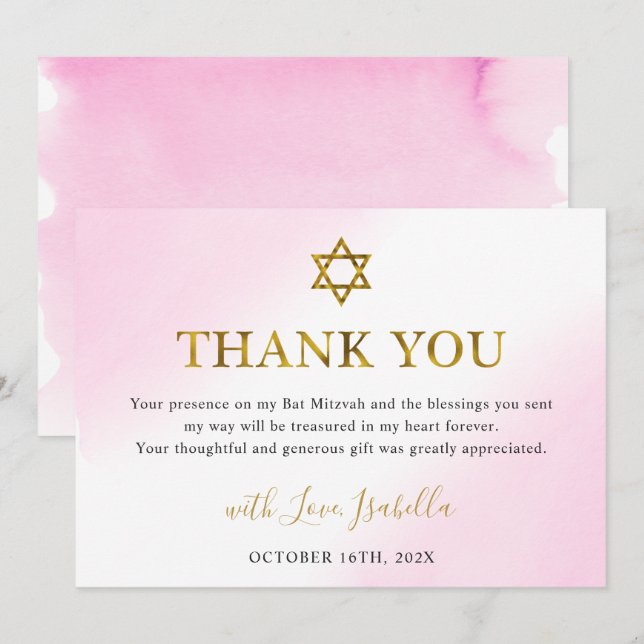 Cartão De Agradecimento Elegante Aquarela Pastel Rosa Dourado Bat Mitzvah (Frente/Verso)