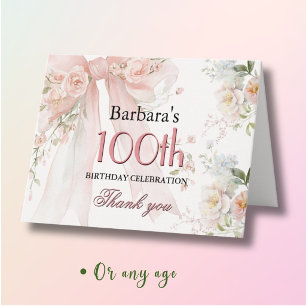 Cartão De Agradecimento Elegante Arco Floral Rosa em Aquarela para 100º An