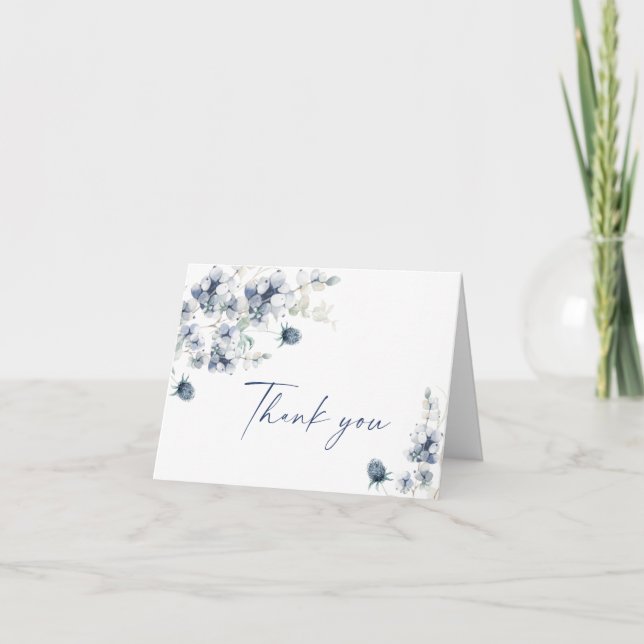 Cartão De Agradecimento Elegante Azul Folhagem de inverno Boho Aquarela (Frente)