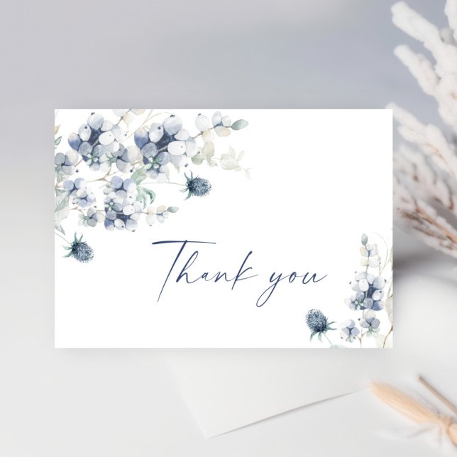 Cartão De Agradecimento Elegante Azul Folhagem de inverno Boho Aquarela (Criador carregado)