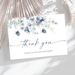 Cartão De Agradecimento Elegante Azul Folhagem de inverno Boho Aquarela