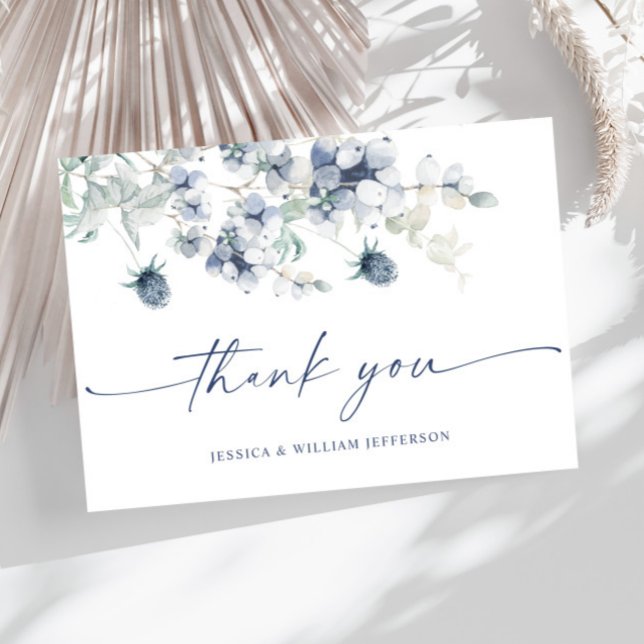 Cartão De Agradecimento Elegante Azul Folhagem de inverno Boho Aquarela (Criador carregado)