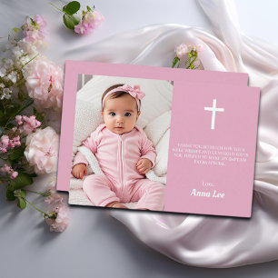 Cartão De Agradecimento Elegante Batismo Christening White Cross Dusty Pin