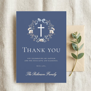 Cartão De Agradecimento Elegante Batismo Cruz Floral Azul Marinho
