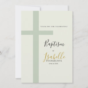 Cartão De Agradecimento Elegante Batismo Cruz Minimalista Ouro Verde Salvi