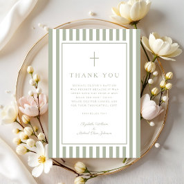 Cartão De Agradecimento Elegante Batismo Menino Verde Sage Religioso