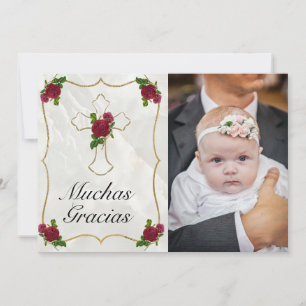 Cartão De Agradecimento Elegante Bautismo de Bebé de Oro Rosa Rojo Gracias