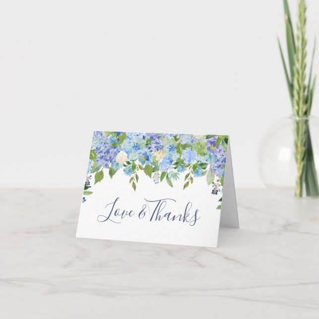 Cartão De Agradecimento Elegante Blue Hydrangeas Greenery Watercolor (Frente)