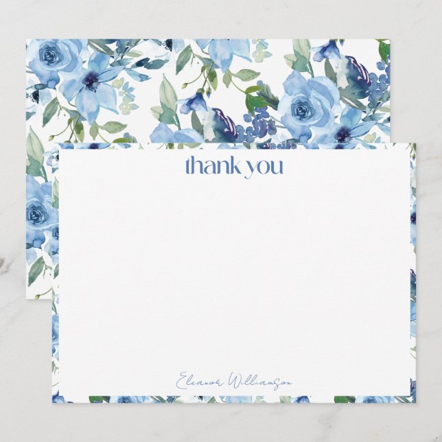 Cartão De Agradecimento Elegante Boho Azul Claro Aquarela Noiva Personaliz (Frente/Verso)