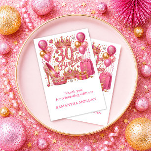 Cartão De Agradecimento Elegante Brilho Rosa Aniversário de 30 anos Ouro O