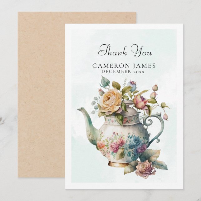 Cartão De Agradecimento Elegante Bule de Aguarela Festa do Chá Floral (Frente/Verso)