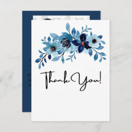 Cartão De Agradecimento elegante buquê de flores em aquarela azul empoeira