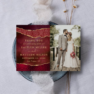 Cartão De Agradecimento Elegante Burgundy e Dourada Foto de Casamento Agat