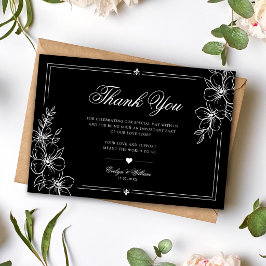 Cartão De Agradecimento Elegante Caligrafia Floral Moderna Casamento Preto