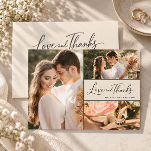 Cartão De Agradecimento Elegante Casamento de Três Fotos com Amor e Gratid