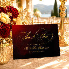 Cartão De Agradecimento Elegante Casamento em Dourado, Preto e Vermelho