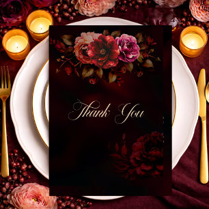 Cartão De Agradecimento Elegante casamento floral sombrio vermelho preto