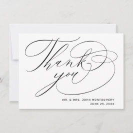 Cartão De Agradecimento Elegante Casamento Moderno com Letra Preta e Branc