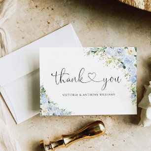 Cartão De Agradecimento Elegante Cerimônia de Casamento Floral em Azul Poe