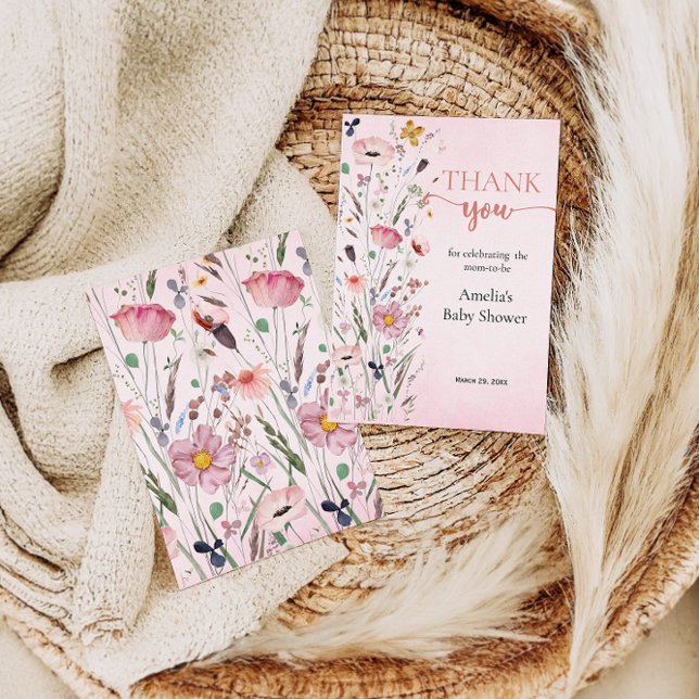 Cartão De Agradecimento Elegante Chá de fraldas de flor selvagem (Criador carregado)