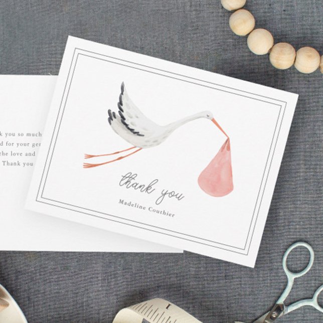 Cartão De Agradecimento Elegante Chá de fraldas de Garotas de Tempestade D (Elegant hand painted stork pink girls baby shower thank you cards.)