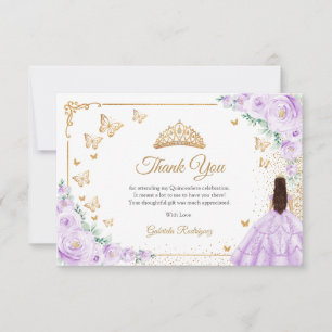 Cartão De Agradecimento Elegante Chic Lilás Roxo Rosas Dourado Quinceanera