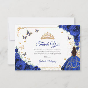 Cartão De Agradecimento Elegante Chic Rosa Azul Real Dourada Quinceanera