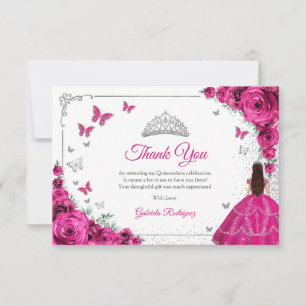 Cartão De Agradecimento Elegante Chic Rosa Fúcsia Rosas Quinceanera Prata