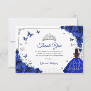 Cartão De Agradecimento Elegante Chic Rosas Azuis Reais Prata Quinceanera
