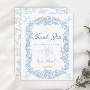 Cartão De Agradecimento Elegante Chuvosa Moldura Barroca Azul Baby Shower