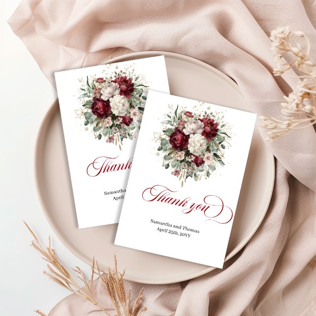 Cartão de Agradecimento Elegante com Flores Vermel (Stylish Deep Red Floral Greenery Thank You Card)
