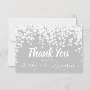 Cartão De Agradecimento Elegante Confetti Fairy Lights White Cinza Obrigad