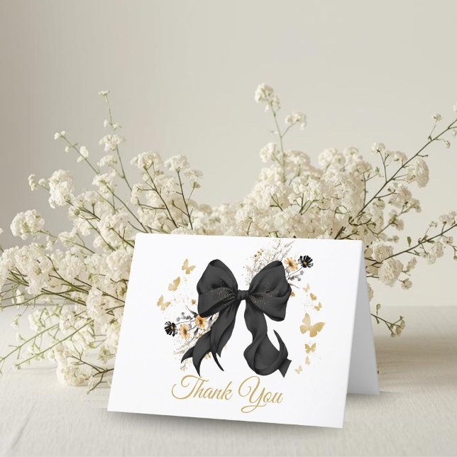 Cartão de Agradecimento Elegante Coquete Preto com (Elegant Black Bow Wildflower thank you card)