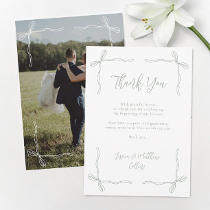 Cartão De Agradecimento Elegante Coquete Verde Sage Laço Foto Casamento