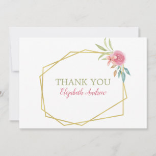 Cartão De Agradecimento Elegante Cor de Água Rosa e Dourada Bat Floral Mit