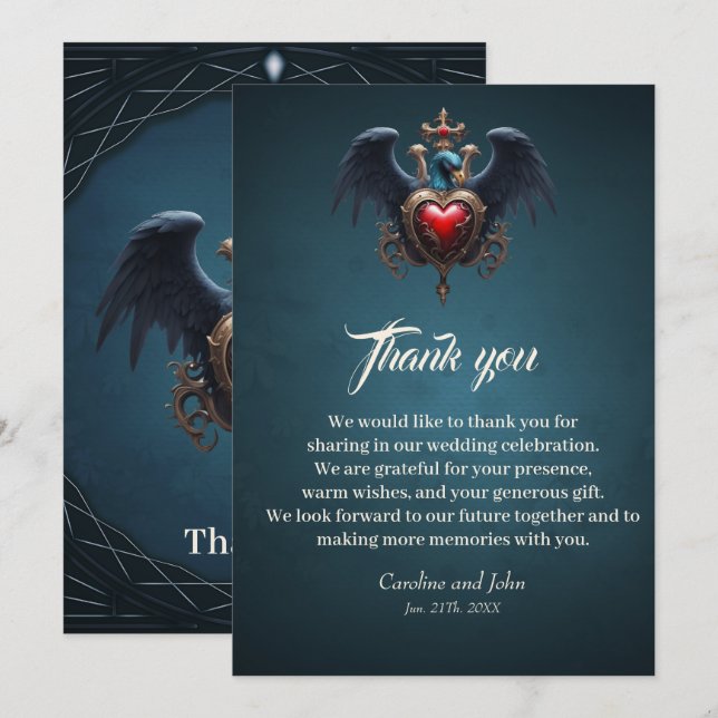 Cartão De Agradecimento Elegante coração gótico com pássaro fantasma. (Frente/Verso)