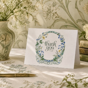 Cartão De Agradecimento Elegante Coroa de Flor Silvestre Azul Art Nouveau 